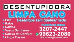 Cartão de desentupidora, serviços de pias, ralos, calhas, contato: 3207-2447, 99623-2080.