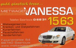 Orange Werbekarte für Mietwagen Vanessa mit Telefonnummer und Dienstleistungen.
