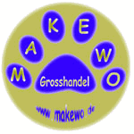 Pfotenabdruck-Logo mit "MAKEWO Großhandel" in lila auf gelbem Hintergrund.