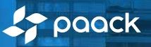 Logo de Paack con formas geométricas blancas sobre fondo azul oscuro.