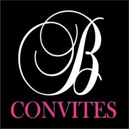 Letra "B" estilizada em branco sobre fundo preto, com a palavra "CONVITES" em rosa abaixo.