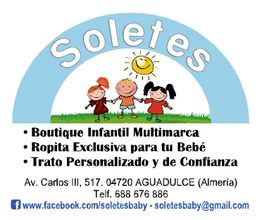 Imagen de "Soletes": Boutique infantil con dirección, contacto y niños bajo el sol sonriente.