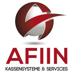 Logo mit Schriftzug "AFIIN Kassensysteme & Services" und einem rot-silbernen kreisförmigen Design.