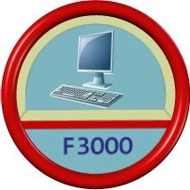 Emblem mit Computer und Tastatur, darunter Text "F3000", umrahmt von rotem Kreis.