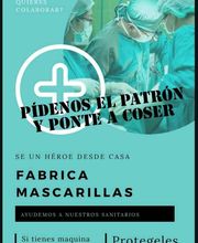Texto sobre fondo azul, personas cosiendo mascarillas médicas. Mensaje: "Fabrica mascarillas".