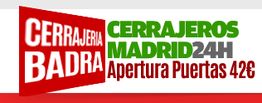 Letrero de cerrajería: "Cerrajería Badra, cerrajeros Madrid 24h, apertura de puertas 42€".