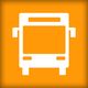 Ícone de ônibus branco em fundo laranja.
