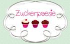 Verschnörkelter Rahmen mit drei Cupcakes und dem Wort "Zuckerpoesie" auf grünem Hintergrund.