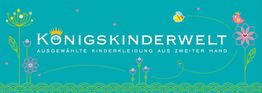Banner: Königskinderwelt - Ausgewählte Kinderkleidung aus zweiter Hand, mit Blumen und Bienen.