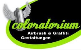 Logo mit Schriftzug: "Coloratorium", Sprühdose mit Flügeln, Text: "Airbrush & Graffiti Gestaltungen".