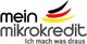 Logo mit Text "mein mikrokredit" und Slogan "Ich mach was draus" in Grautönen und Farbklecksen.
