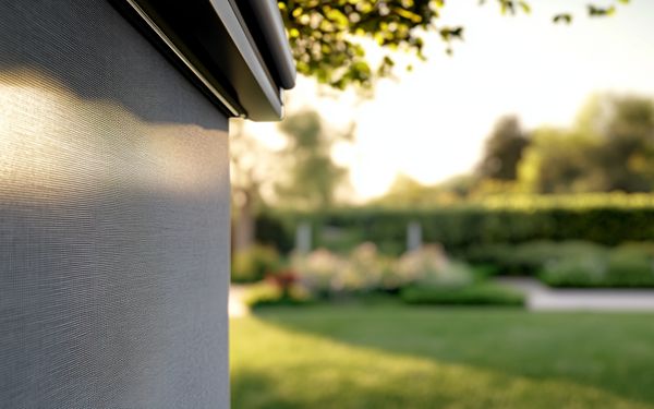 Seitliche Ansicht einer Sichtschutzmarkise. Im Hintergrund ist ein grün bepflanzter Garten.