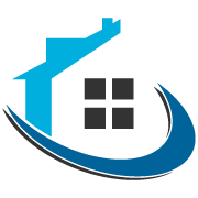 Haus-Logo mit blauem Dach, schwarzen Fenstern und einem geschwungenen blauen Bogen darunter.