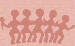 Tanzende Silhouetten in einer Reihe auf rosa Hintergrund, fröhlich bewegend.