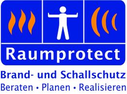Raumprotect-Logo: Brand- und Schallschutz, Blau mit Flammen und Schallsymbolen.