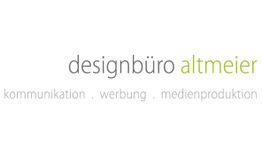 Logo: „designbüro altmeier“ mit den Worten „kommunikation . werbung . medienproduktion“.