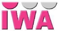 Logo mit pinkem Schriftzug "IWA" und drei darüberliegenden Halbkreisen in Weiß und Pink.