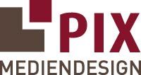 Logo von PIX Mediendesign in Rot und Braun.