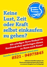 Gelbes Plakat mit Einkaufsservice-Werbung und rotem Abschnitt mit Telefonnummer zum Bestellen.