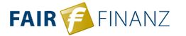 Logo mit Schriftzug "FAIR FINANZ" und einem gelben Symbol zwischen den Wörtern.