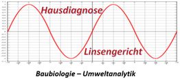 Sinuskurve mit den Worten "Hausdiagnose" und "Linsengericht", darunter "Baubiologie – Umweltanalytik".