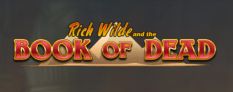 "Logo del gioco 'Rich Wilde and the Book of Dead' con piramidi sullo sfondo."
