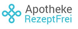 Logo mit blauem Symbol und Text "Apotheke RezeptFrei" in Schwarz und Blau.