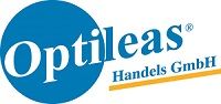 Blaues Optileas Handels GmbH-Logo mit schrägem Schriftzug und gelbem Unterstrich.