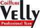 Logo mit Text "Coiffure Velly Professional Team" in Rot und Schwarz.
