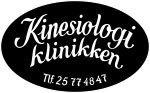 Sort ovalt logo med teksten "Kinesiologi klinikken" og telefonnummeret "Tel 25 77 48 47".
