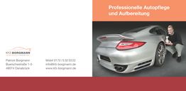 Mann mit Poliermaschine neben silbernem Sportwagen; Text: "Professionelle Autopflege und Aufbereitung".