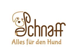 Ein Hund im Logo-Stil mit dem Text "Schnaff - Alles für den Hund" in Braun.