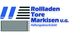 Logo mit Text: "Rollladen Tore Markisen U.G. Haftungsbeschränkt", blaue und schwarze Streifen.
