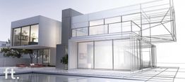 Modernes Haus mit Glasfassade und Pool; architektonischer Entwurf im Vordergrund.