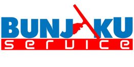 Logo: Blauer Schriftzug "Bunjaku", rote Fläche mit weißem Text "Service" und einem Piktogramm.