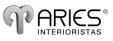 Logotipo de Aries Interioristas con un diseño estilizado en gris y negro.