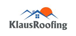Logo of Klaus Roofing with blue roof outlines, orange sun, and stylized house.