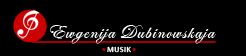 Rotes Musik-Logo mit dem Text "Evgenija Dubinovskaja" und "Musik" auf schwarzem Hintergrund.