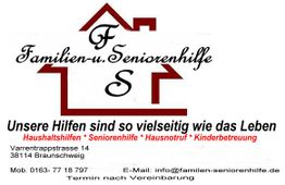 Familien- und Seniorenhilfe-Logo mit Kontaktinformationen und Dienstleistungen.