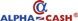 Logo mit "ALPHA-CASH" in blauen und roten Buchstaben.