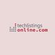 Logo of techlistingsonline.com with gray and red text on a light pink background.