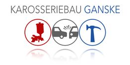 Logo von Karosseriebau Ganske mit Lackierpistole, Autoreparatur und Hammer-Symbolen.
