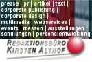 Texttafeln mit Dienstleistungen im Bereich Presse, Design, Webservices und Personalentwicklung.