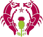 Zwei rote Löwen und eine Distel mit einem Stern in der Mitte, symmetrisch angeordnet.