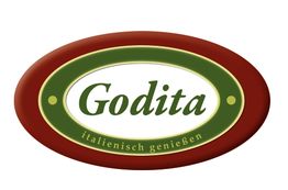Ovales Logo mit der Aufschrift "Godita, italienisch genießen" in Grün und Rot.