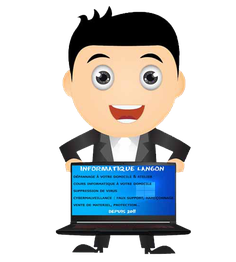 Personnage animé tenant un ordinateur portable avec "Informatique Langon" écrit à l'écran.
