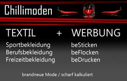 "Chillimoden-Werbung: Textil und Druck, Sport- und Berufsbekleidung, scharf kalkulierte Mode."