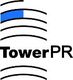 Logo von TowerPR mit schwarzem Text und stilisierten blauen und schwarzen Linien.