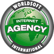 Grünes Logo mit der Aufschrift "Worldsoft Internet Agency International" und Weltkarte im Hintergrund.