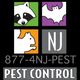 Pest control logo with raccoon, bat, squirrel, "NJ" text, and phone number 877-4NJ-PEST.